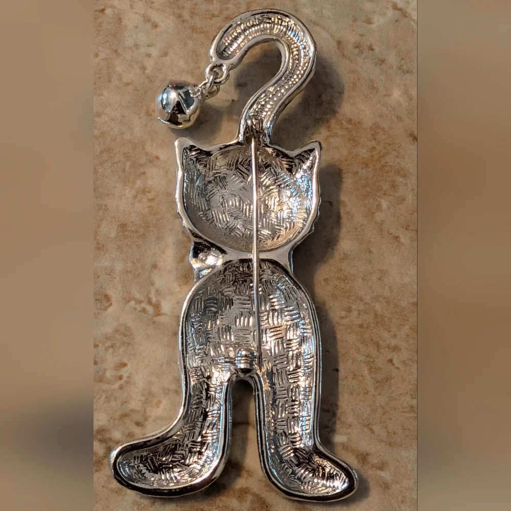 Glittery White Cat Brooch with Working Bell